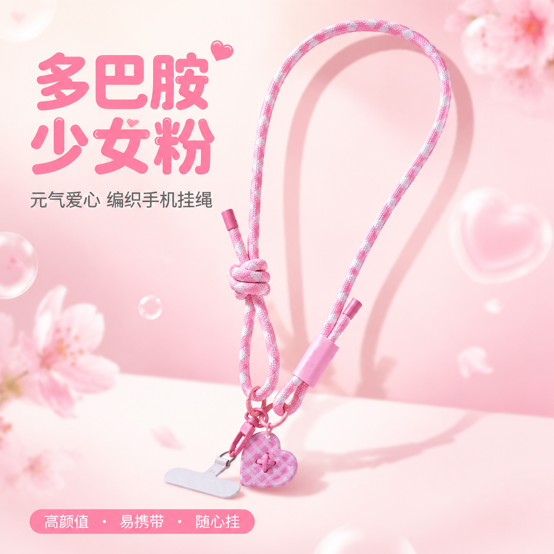 多巴胺少女粉斜挎手机挂绳可印logo